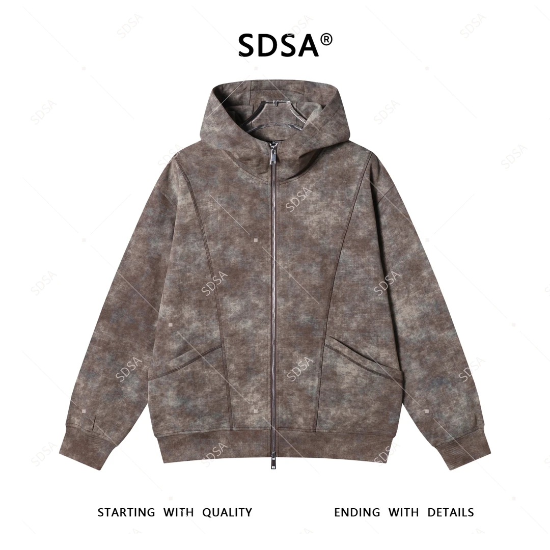 SDSA男士2025新款轻奢痞帅男装扎染明线立领拉链连帽卫衣百搭时尚