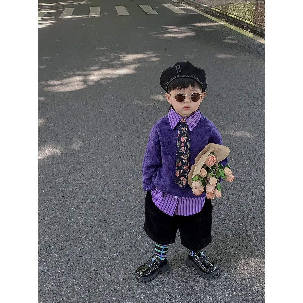 万达撤柜【断码】男童套装春秋款2025韩版男女宝宝潮酷帅气紫色毛衣