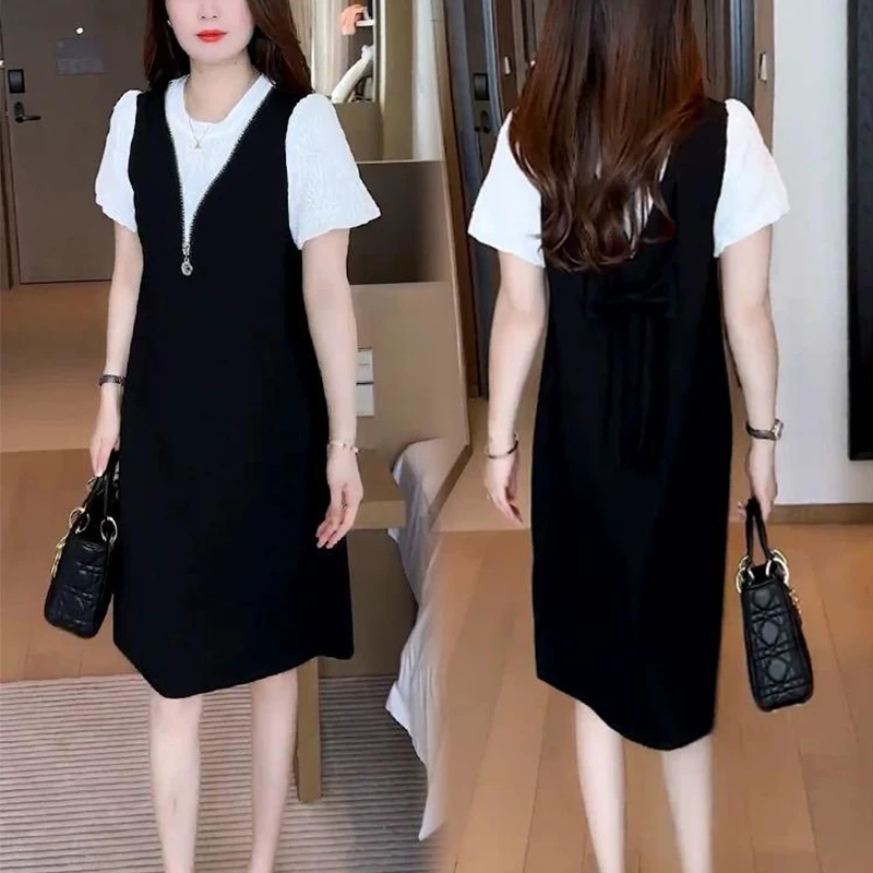2025夏季新款气质大码时尚短袖外穿中长裙洋气休闲宽松遮肉连衣裙