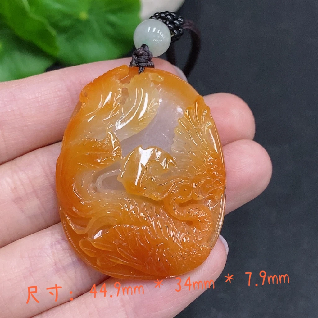 缅甸翡翠A货黄翡俏色巧雕凤穿牡丹挂件