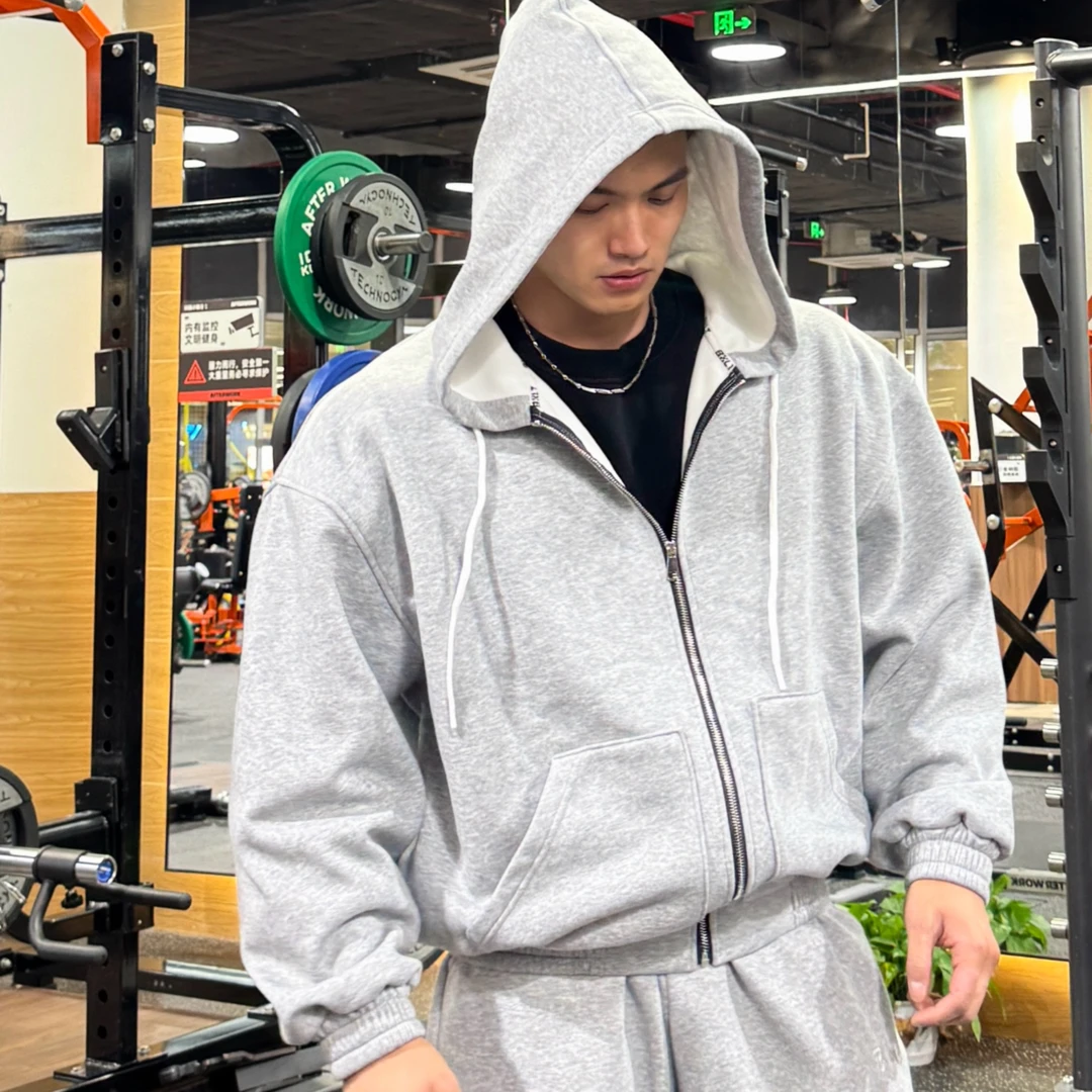 BXLT加绒运动撞色秋冬毛绒刺绣美式连帽拉链卫衣宽松帽衫外套情侣