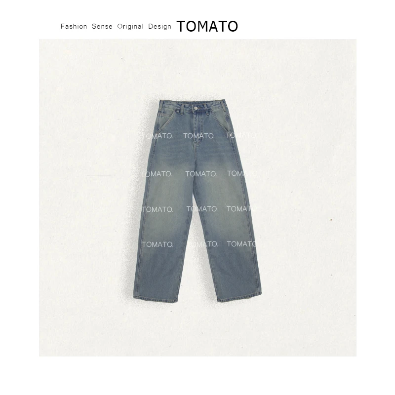 【TomaTo】悠闲派 时尚简约高腰一粒扣减龄百搭直筒牛仔裤C25HK9565