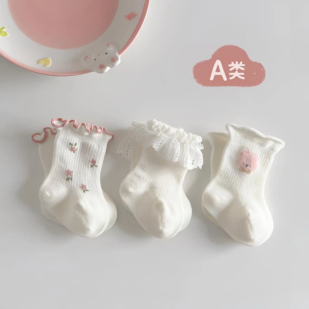 婴儿袜子女宝宝蕾丝花边公主袜木耳边白色中筒袜新生儿0-3小胎袜