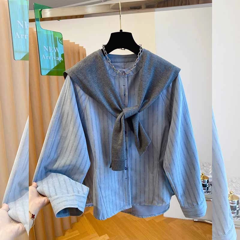 减龄学院风春秋季新品大码披肩条纹衬衫女宽松长袖显瘦百搭ins风