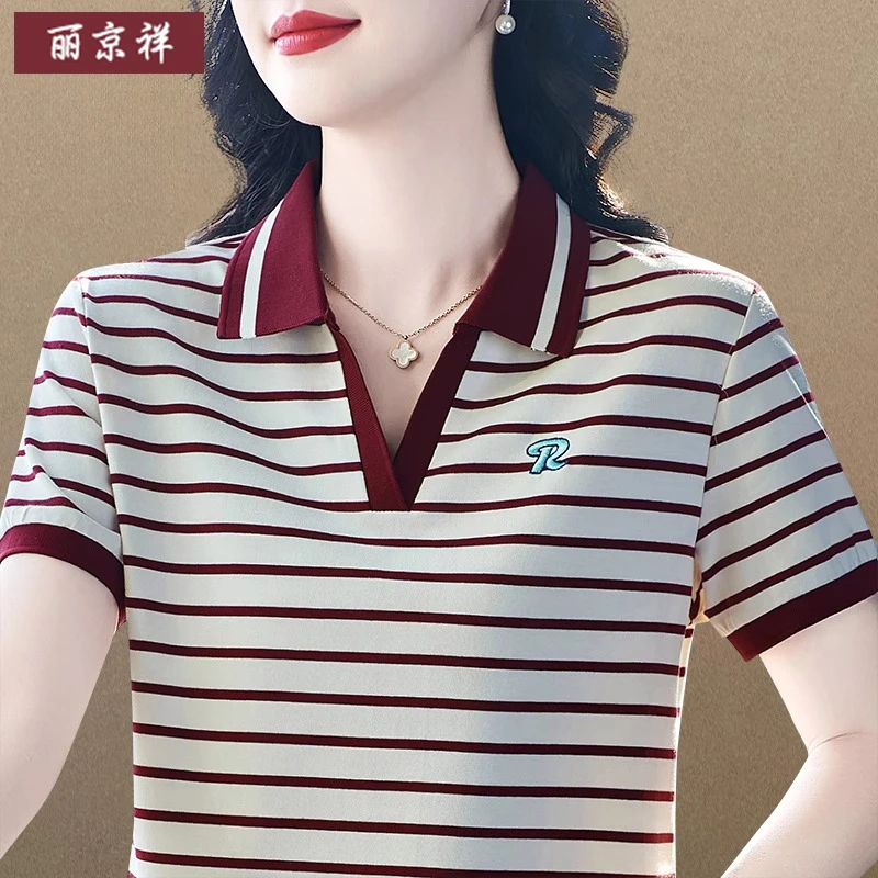品牌翻领短袖女夏季细条纹洋气T恤2025新款百搭妈妈装时尚polo衫