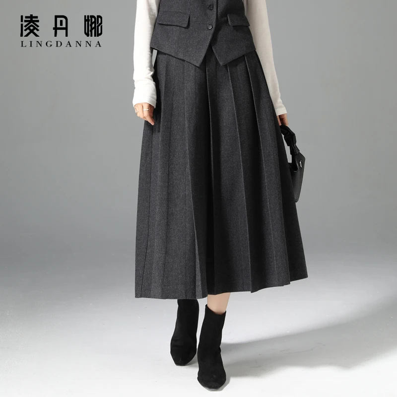 高腰灰色西装半身裙女中长款秋冬新款显瘦a字百褶裙休闲毛呢裙子