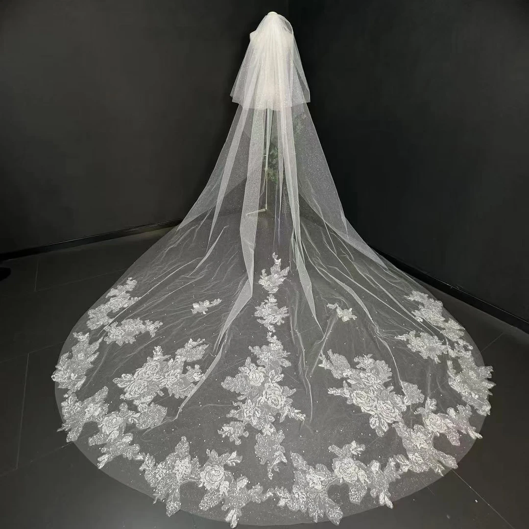 1349双层长款蕾丝包边珍珠头纱重工新娘结婚主纱仪式影楼跟妆