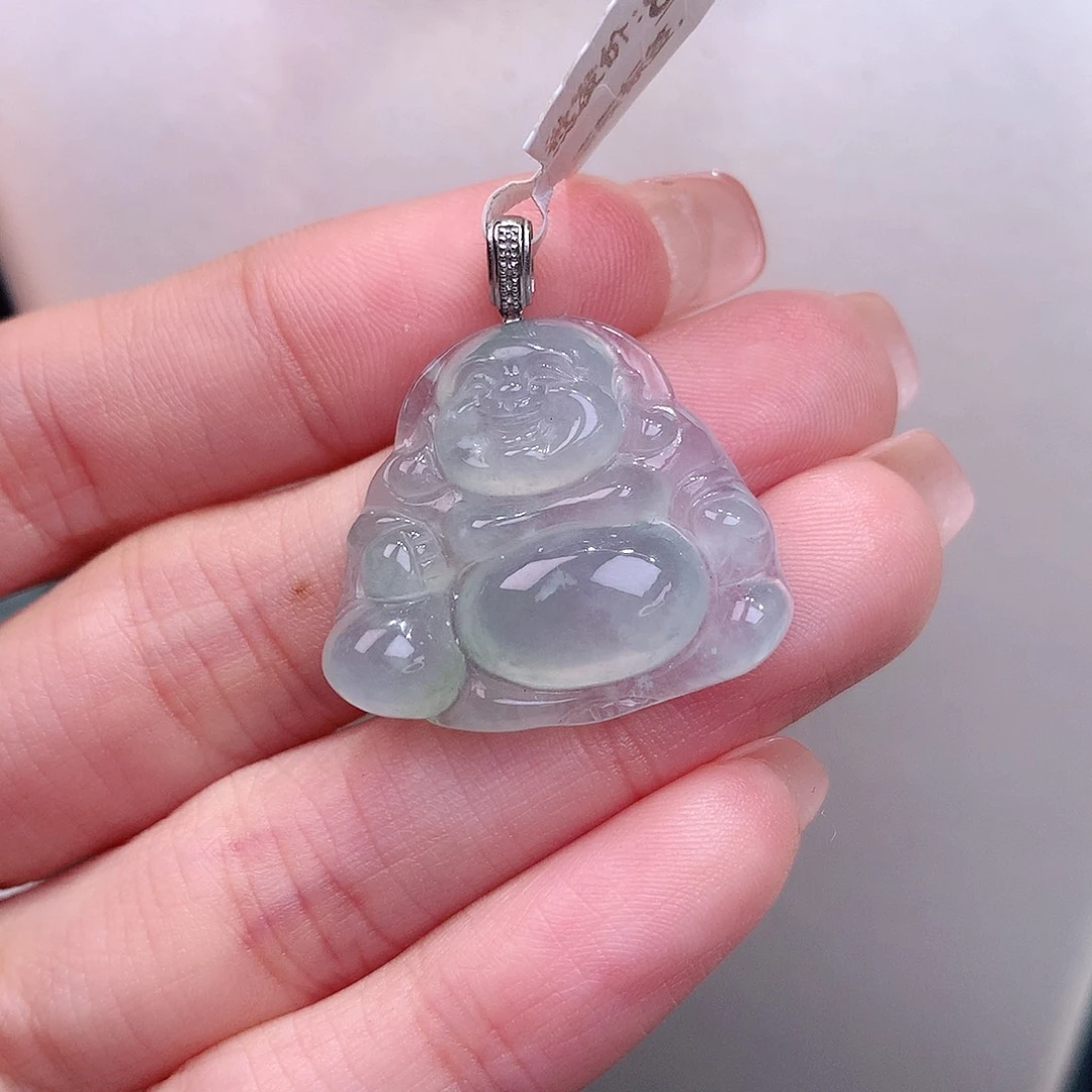 颈饰18K金镶嵌翡翠晴底布袋佛