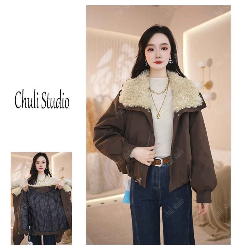 大翻领加绒短外套2025冬季韩系减龄