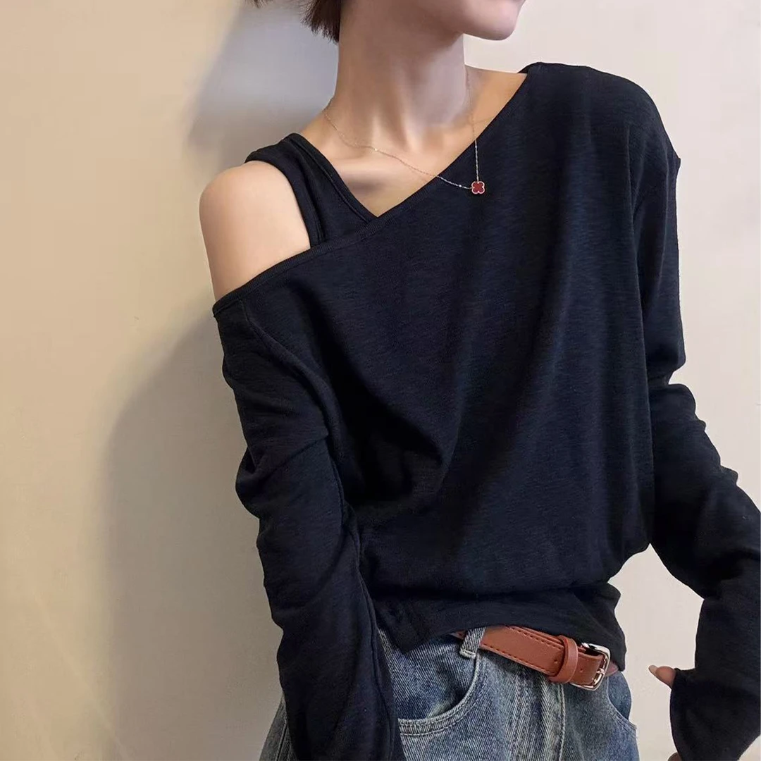 两件套斜肩长袖T恤女早秋新款时尚气质打底衫设计感露肩洋气上衣