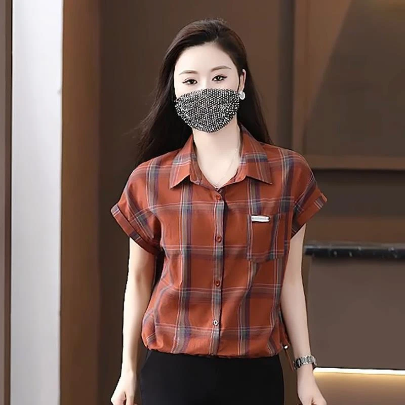 时尚短袖格子衬衫女2025夏季新款洋气显瘦短袖格子衬衫休闲上衣潮