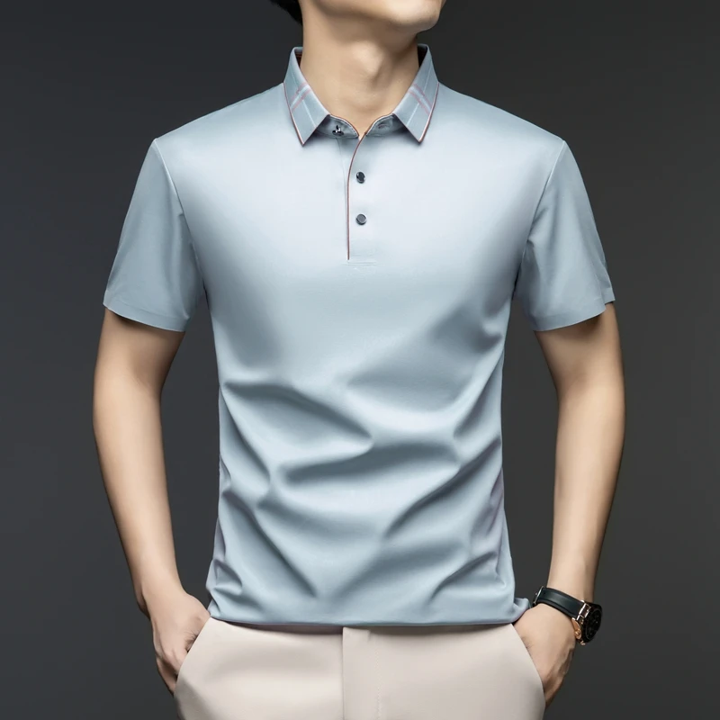 男夏季纯色夏季免烫桑蚕丝Polo衫t恤商务透气无痕半袖男装
