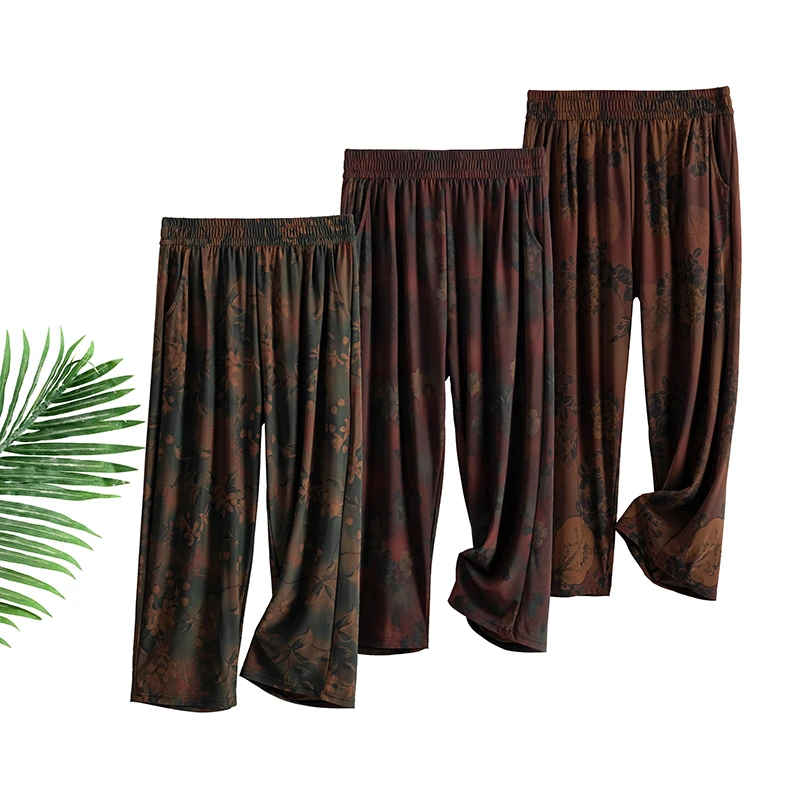 夏季薄款中老年冰丝麻数码印花妈妈裤宽松休闲直筒裤弹力透气速干