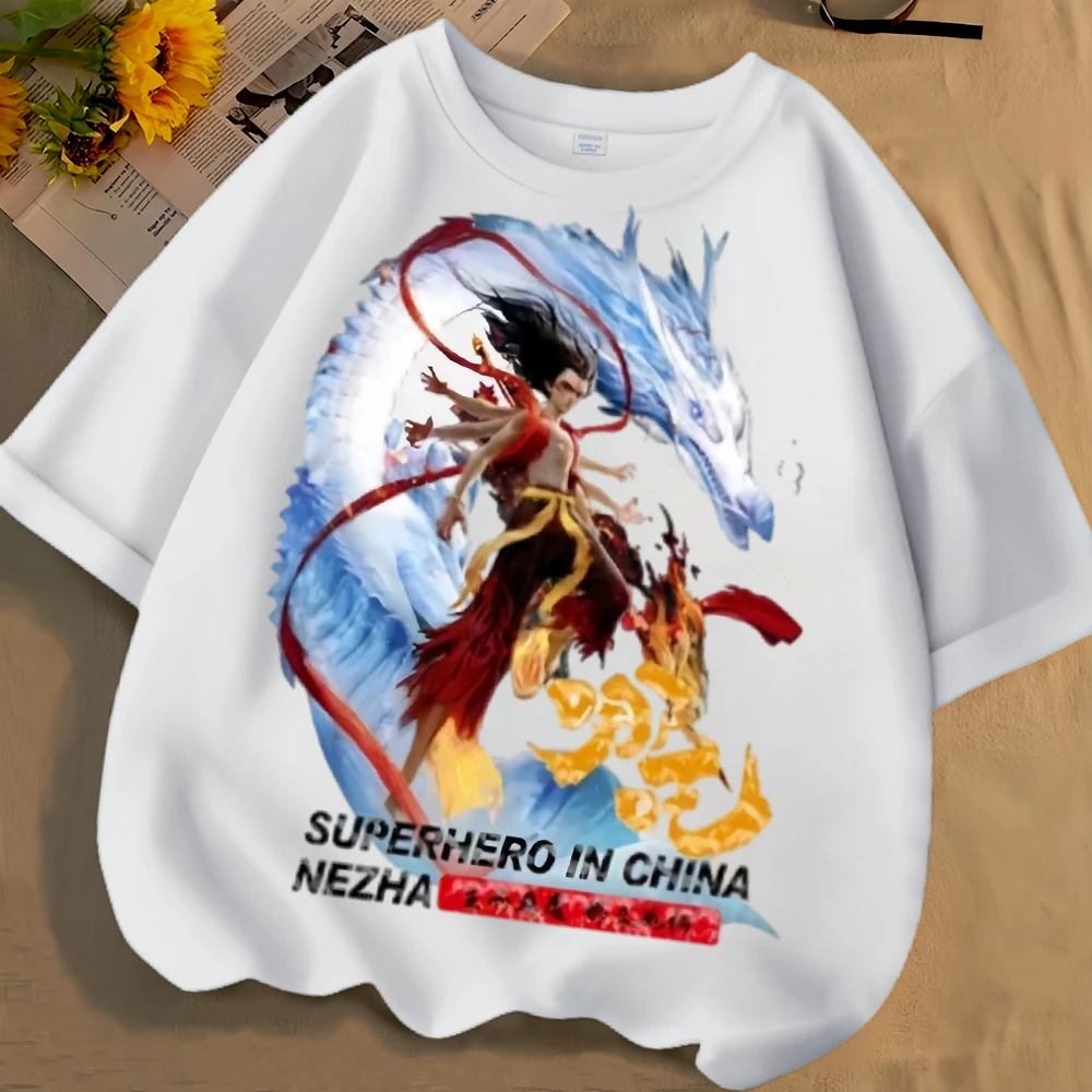 个性魔丸哪吒卡通夏季新款男女中大儿童短袖T恤纯棉圆领宽松上衣