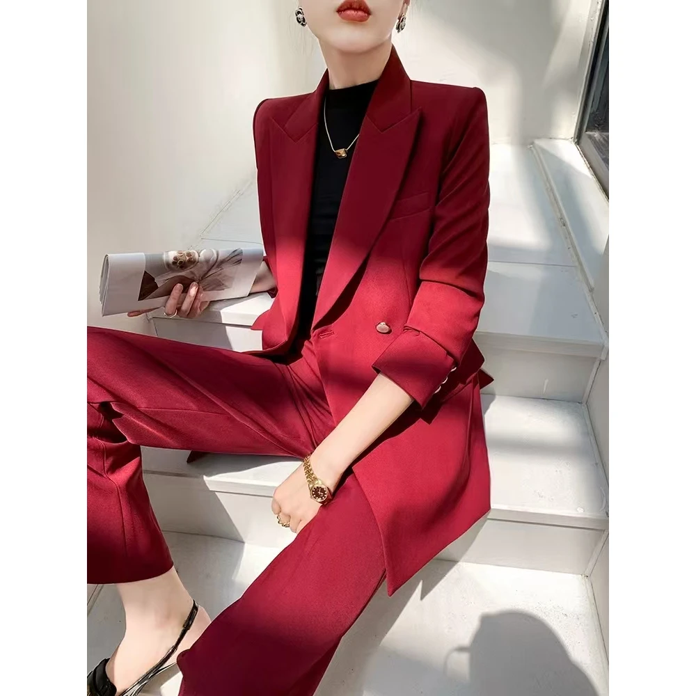 【9033套装-YR】红色西装套装女秋冬阔腿裤高级感职业加厚西服