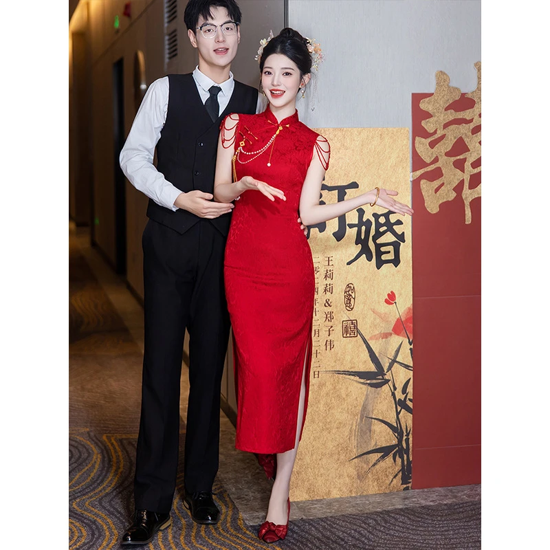 酒红色旗袍裙夏季新中式改良新娘敬酒服结婚服修身显瘦订婚宴礼服