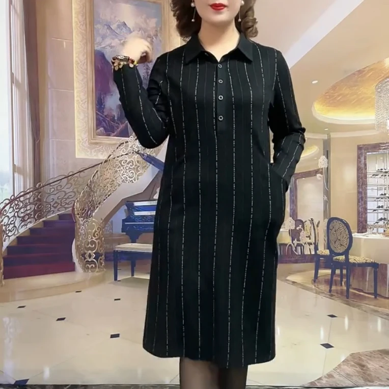 时尚百搭条纹显瘦衬衫领中长款女士连衣裙
