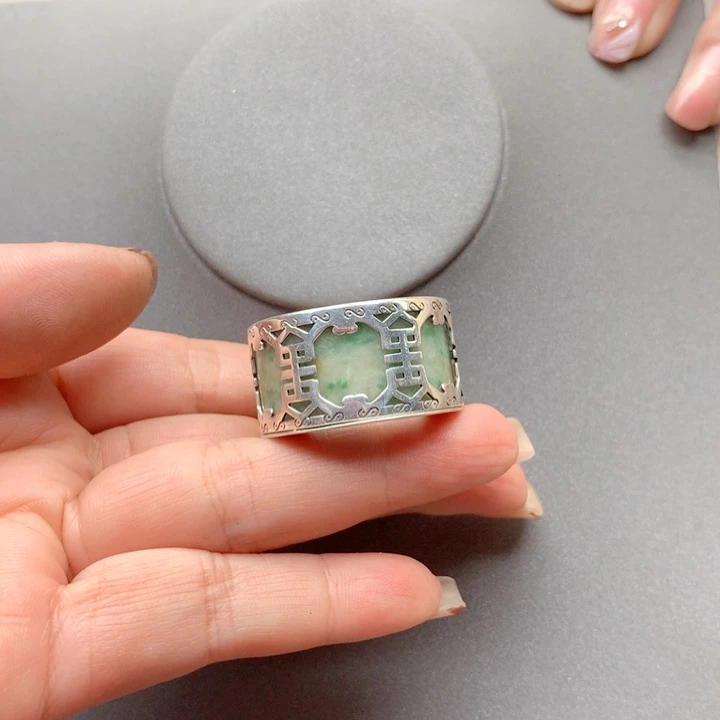 翡翠戒指银S925镶嵌晶***巴