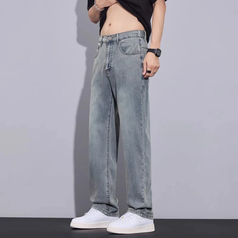 天丝凉感牛仔裤男士夏季薄款2025新款美式宽松直筒休闲阔腿长裤子
