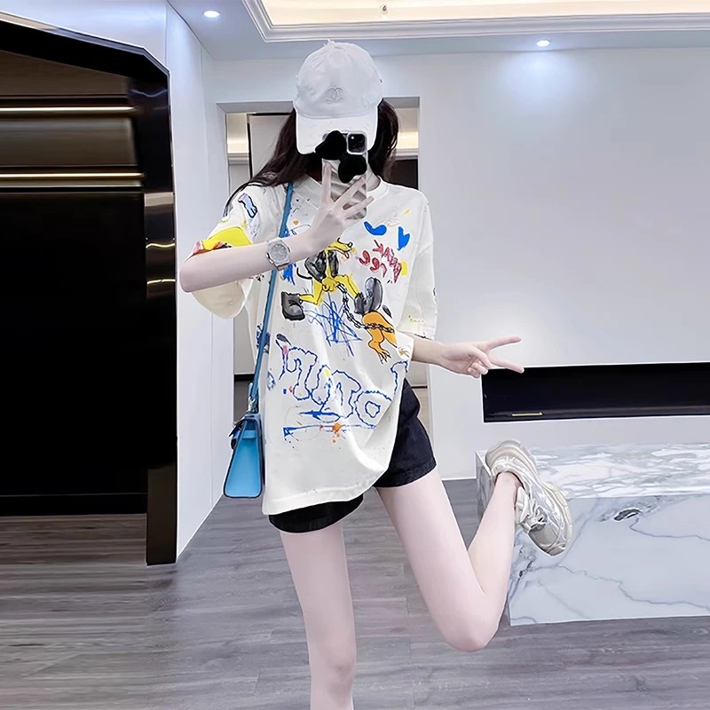 奶杏色复古短袖女t恤夏季2025新款涂鸦圆领潮牌小众设计感上衣女