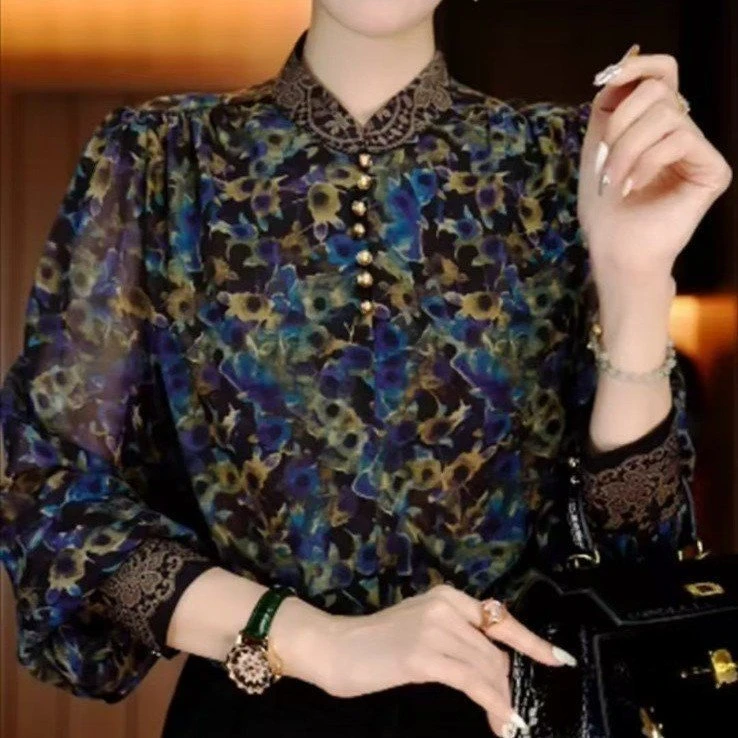 洋气紫罗兰印花立领妈妈衬衣2025秋季新款宽松遮肚气质长袖小衫女