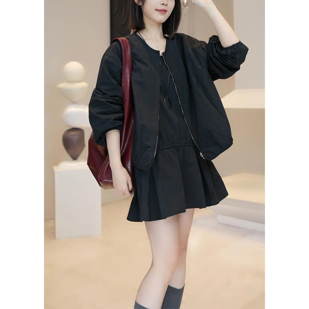2025春季新款小个子气质设计感宽松显瘦圆领开衫外套吊带裙两件套
