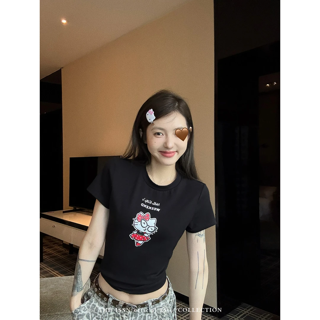 THEISSN 宁司短款印花短袖黑色T恤女修身显瘦小上衣 0888/0762
