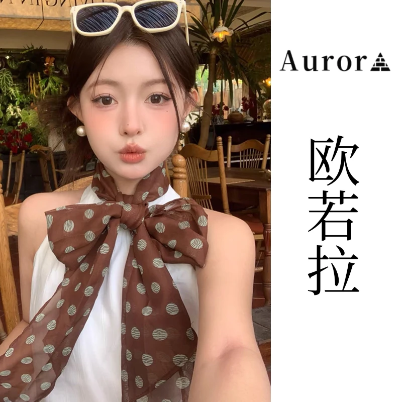 棕色波点丝巾印花高级百搭配饰系脖女2025年新款丝带丝巾长条围巾