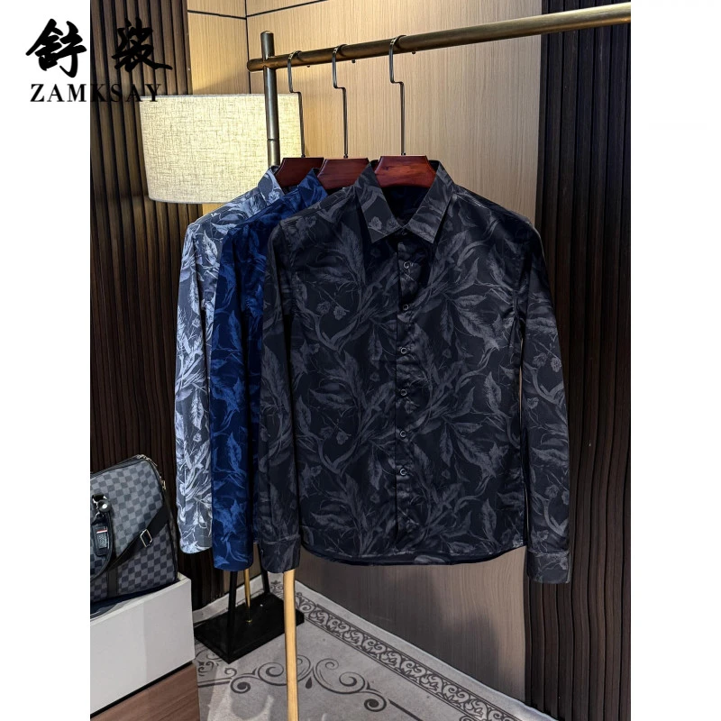 高级感痞帅时尚印花衬衫男长袖秋装2025新款修身潮流帅气男士衬衣