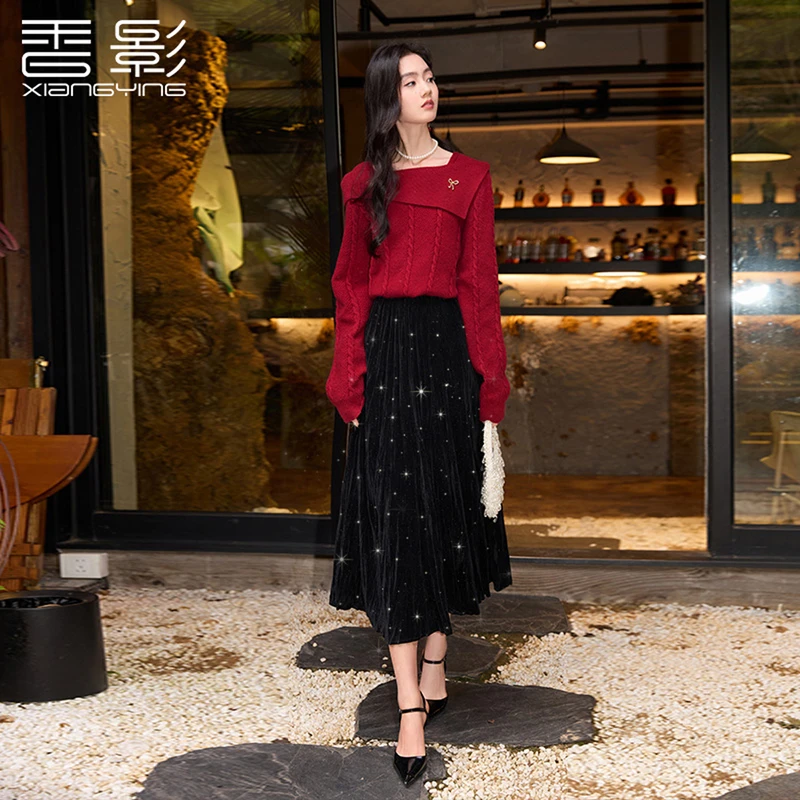 A851197半身裙香影欧若新中式丝绒半身裙2025新款气质烫钻