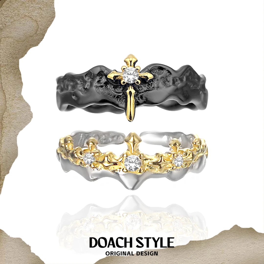 925银戒指 公主骑士情侣戒指小众设计黑白情侣对戒开口可调节指环