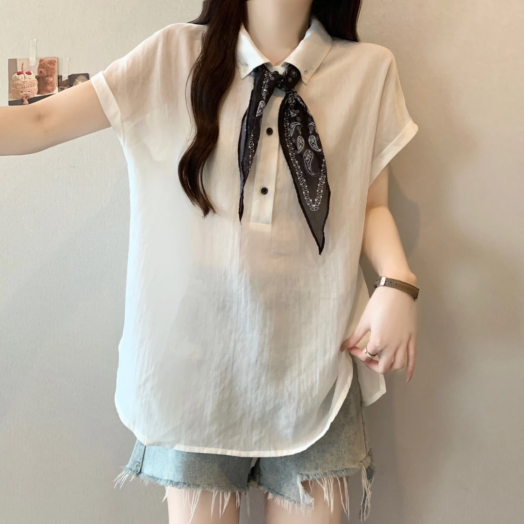 大码设计感丝巾系带短袖衬衫女夏薄款胖MM宽松显瘦洋气飞飞袖上衣