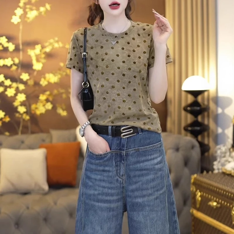洋气减龄显瘦晕染设计感上衣夏季新款胖MM大码女装波点短袖t恤女