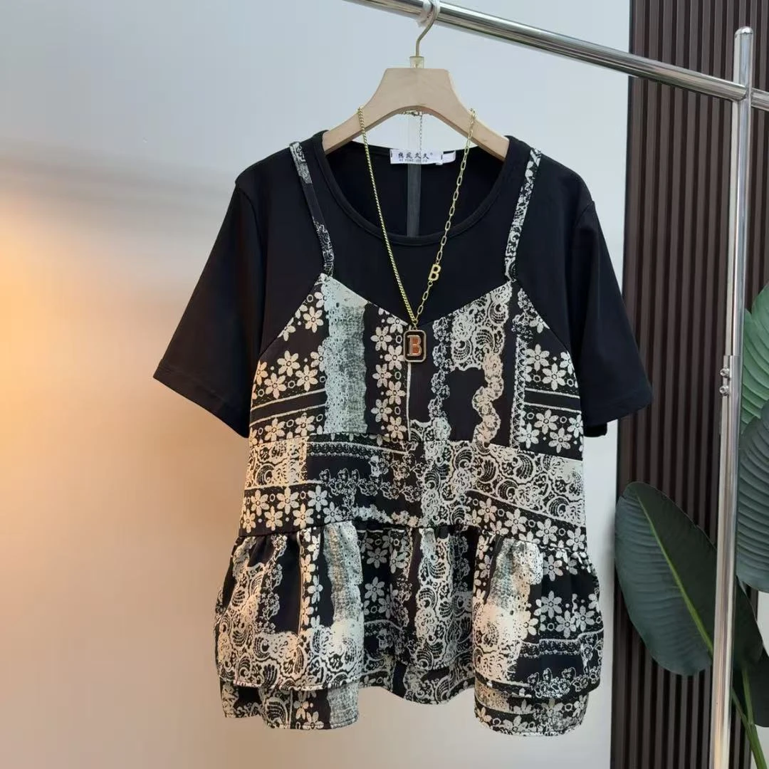 胖mm时尚气质显瘦遮肉减龄百搭韩版宽松909拼接潮流假两件