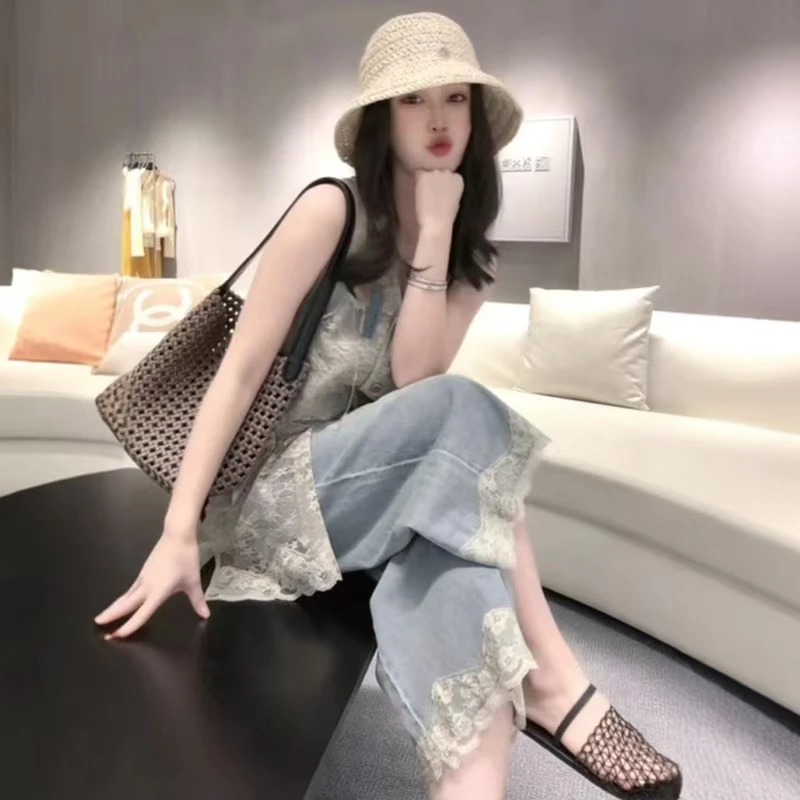 林间鹿隐25年新款春夏季轻奢欧若风设计师款拼接牛仔套装