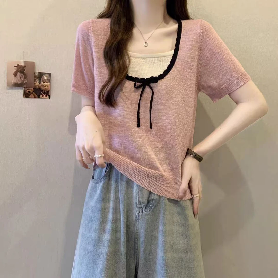 1275大码女装遮肚子撞色甜美短袖女夏季胖mm显瘦上衣