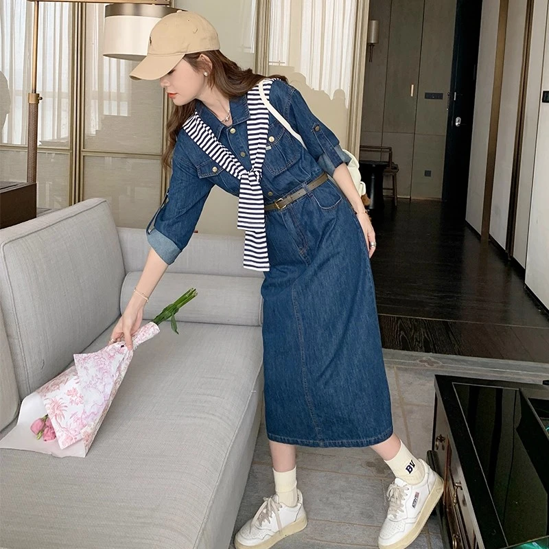 超火好看穿搭高端牛仔连衣裙女春秋套装2026年新款带披肩衬衫长裙