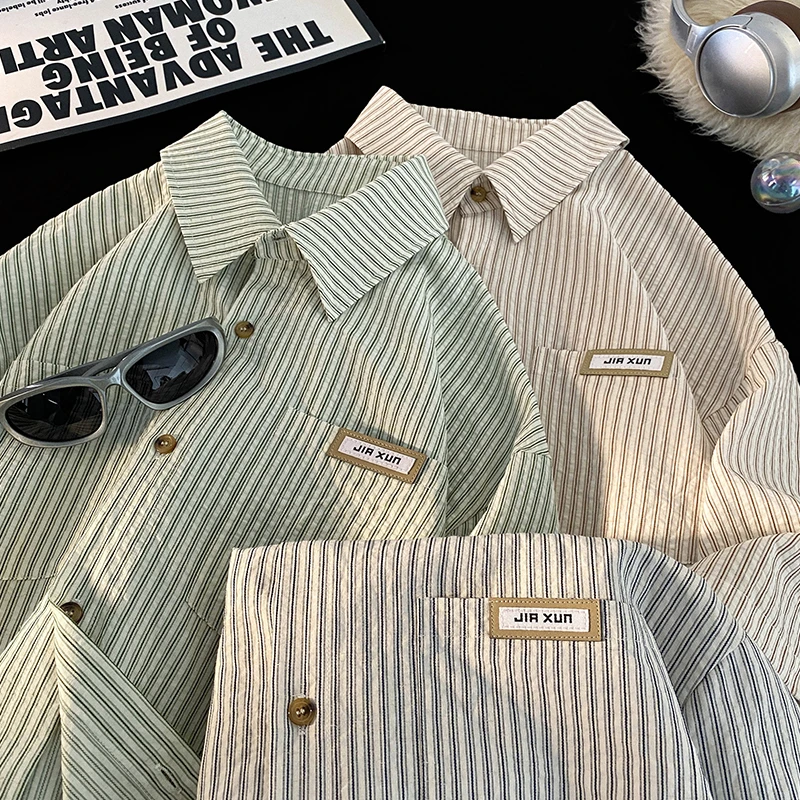 男士装衬衫夏日系帅气青少年宽松休闲百搭五分袖短袖衬衣条纹外套