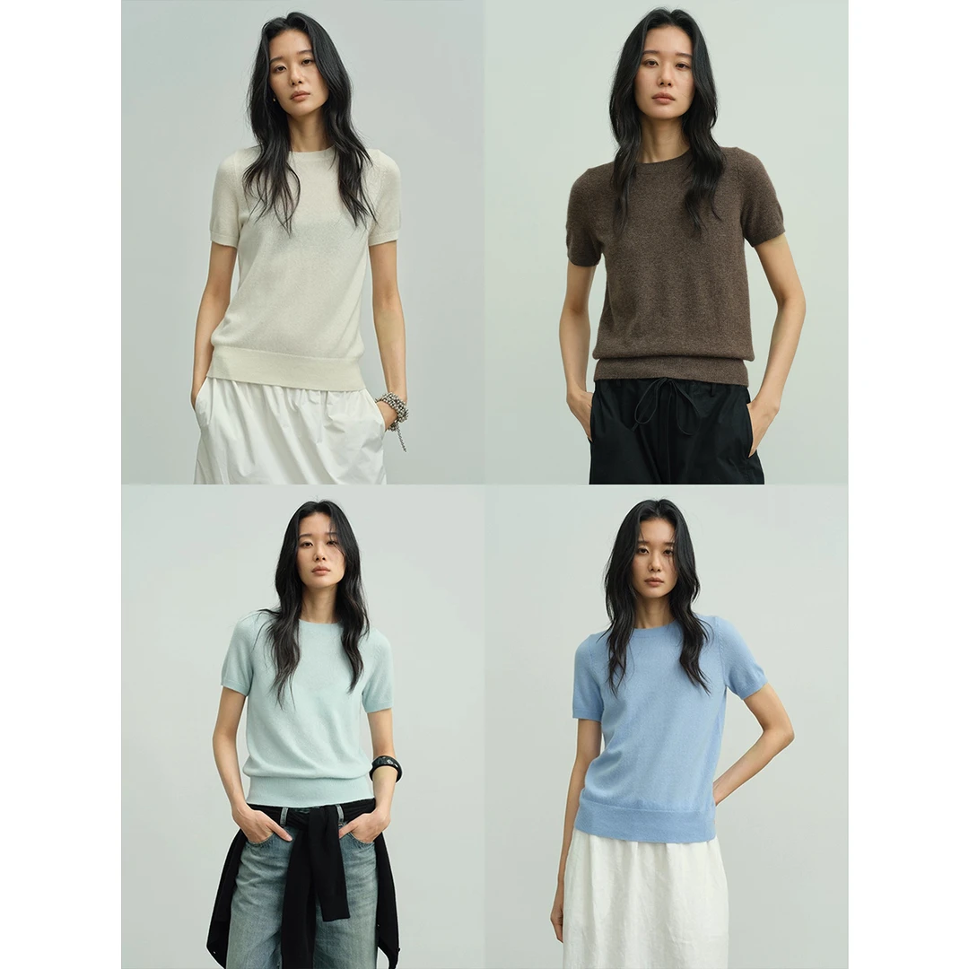 Ayuko｜云端触感 意大利LF 纱线白中白羊绒圆领针织衫短袖上衣1080