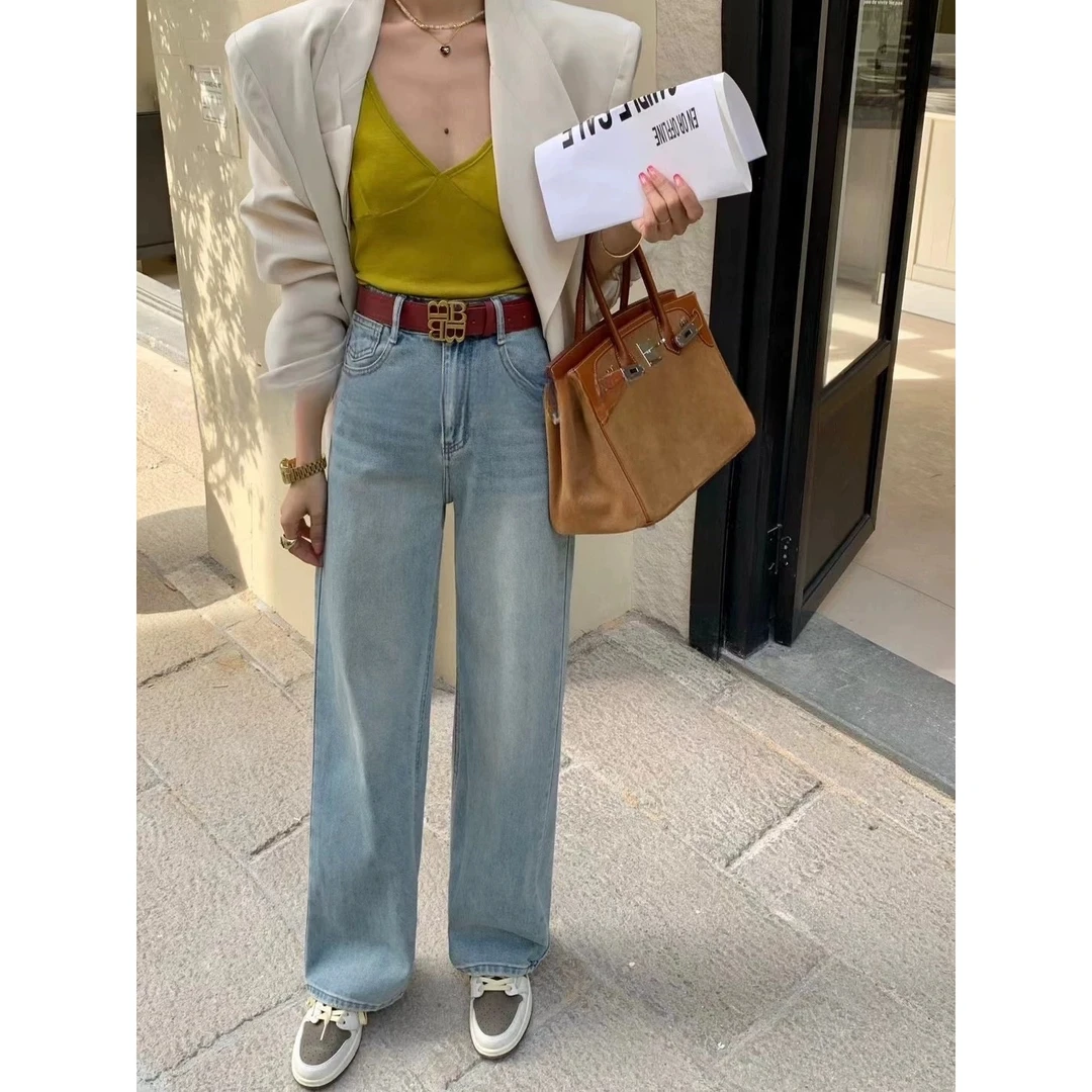 113-欧货新款牛仔裤女显瘦高腰窄版阔腿直筒裤