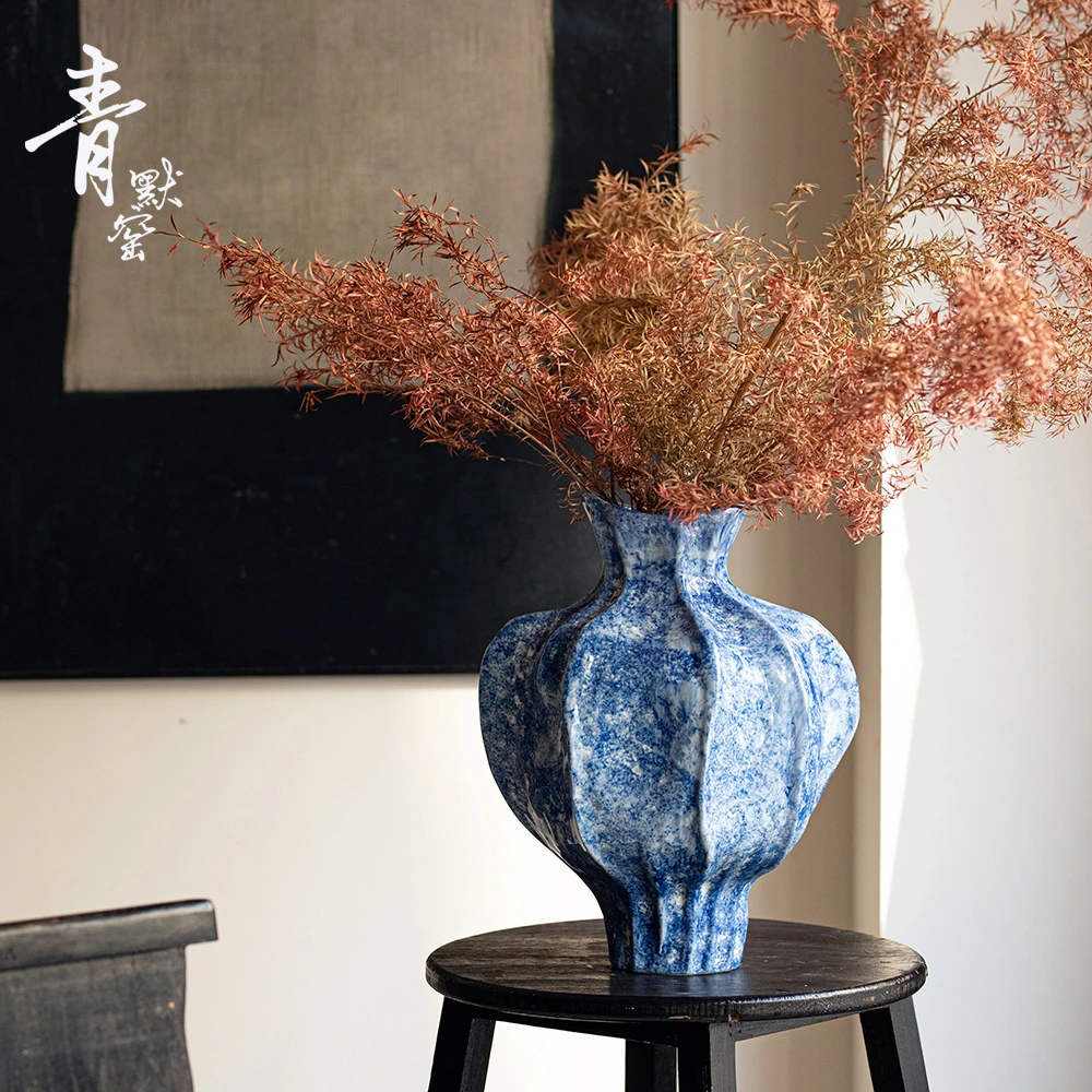 新中式时尚简约锤纹花瓶侘寂风客厅玄关陶瓷插花装饰复古花器品月