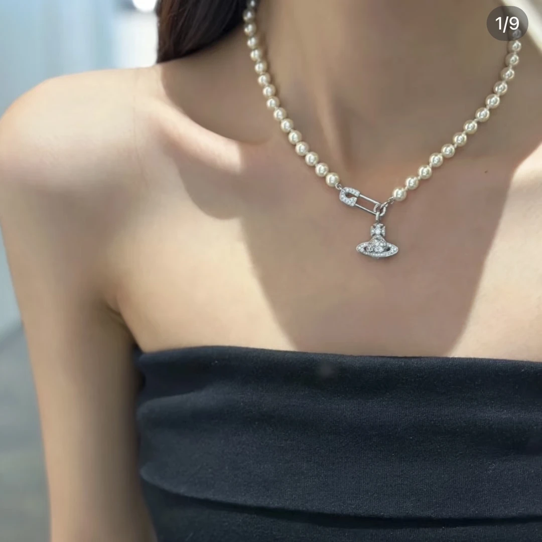合金项链 别针珍珠tuxing项链百搭银色