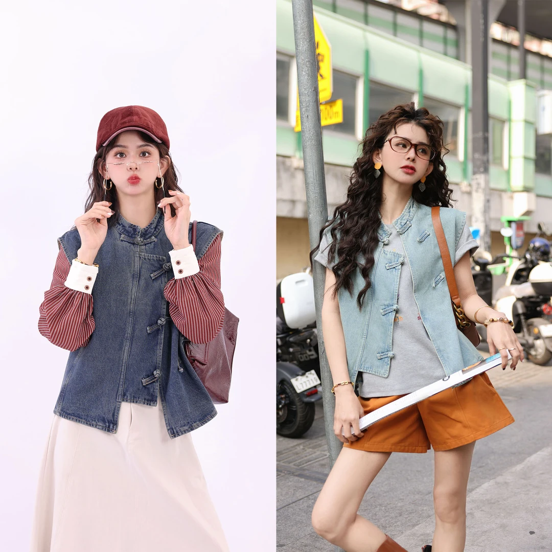 陈佳洁【廊前听雨】港风复古新中式盘扣牛仔小众显瘦马甲JA1999481