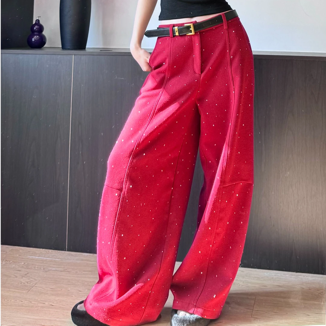 【满天星尼绒弯刀裤】冬季新款2026带钻闪闪休闲弯刀阔腿裤女