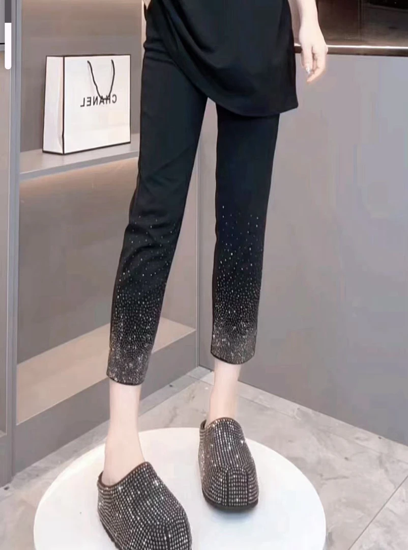 爆闪重工烫钻烟管裤高腰松紧腰