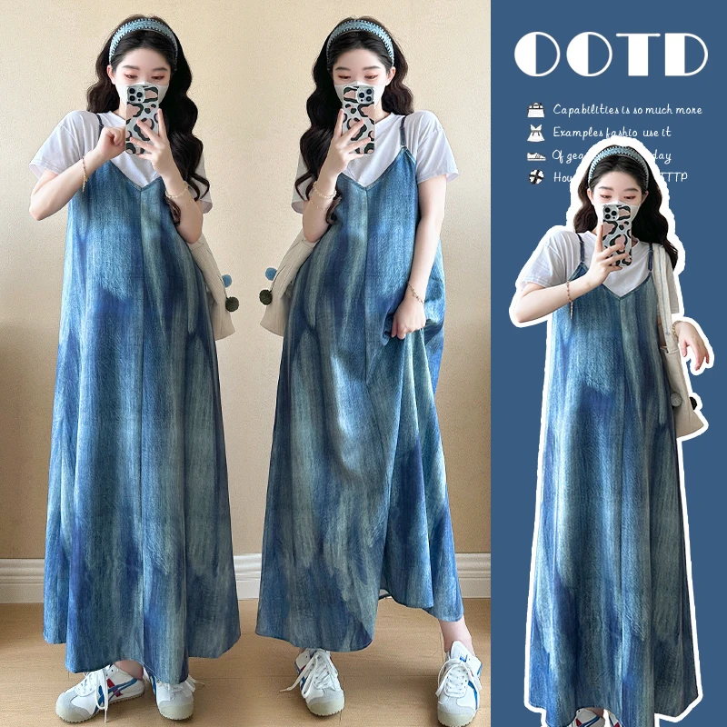 孕妇装2025夏季新款休闲时尚扎染吊带v领气质宽松显瘦孕妈连衣裙