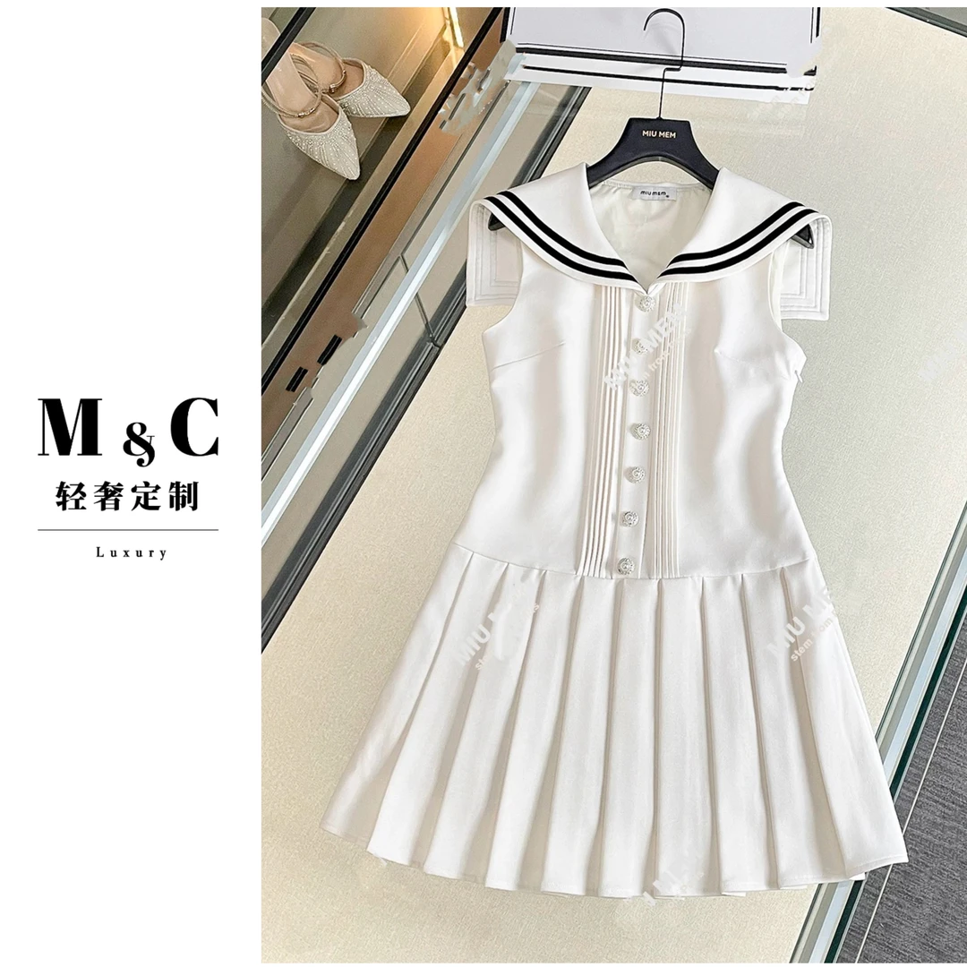 【梦成专属】海军领2025夏季显瘦学院无袖气质连衣裙