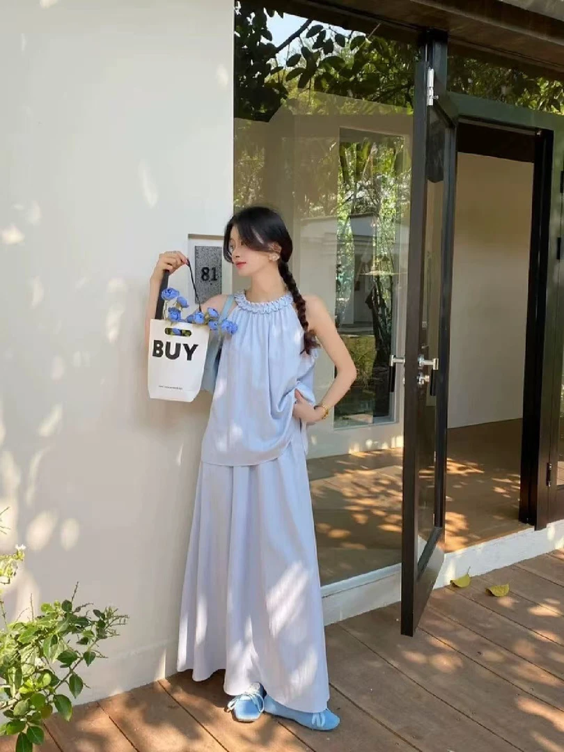 86014 韩系简约高级花边无袖小衫➕半身裙套装