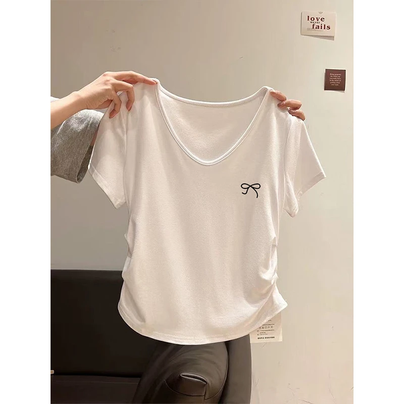 2025夏季新款时尚V领两侧皱褶修身短袖T恤女减龄短款T恤洋气上衣