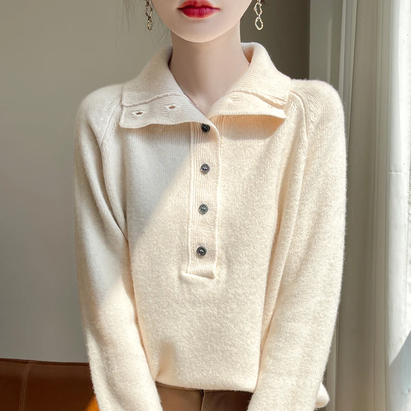 秋冬季100%羊毛衫女气质半开翻领纯色套头毛衣宽松百搭显瘦针织衫